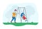 Father Swinging Child on Swing in Park or Playground. Happy Family Having Fun, Dad and Daughter Characters