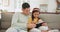 Father, tablet and relax with girl on sofa in home living room for bonding, learning on app or having fun. Dad