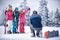 Father take photographing family on vacation in snow mountains