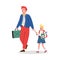 Father takes his son to school at morning, flat vector illustration isolated.