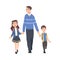 Father Taking his Son and Daughter to the School in the Morning, Parent and Kids Walking Together Holding Hands Cartoon