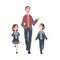 Father Taking his Son and Daughter Wearing Uniform to the School in the Morning. Parent and Kid Walking Together Cartoon