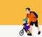 Father teaches his son to ride a bicycle. The first bike. Parents and children cycling. Vector illustration of a flat design.