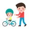 Father teaches son to ride a bike. kid learns to ride bicycle. Parenting concept The first bike. Vector illustration isolated