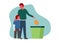 A father teaching his son to throw garbage to the trash bin. Simple flat illustration.