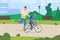 Father teaching ride bike. Cartoon baby cyclist in helmet on bicycle park road, parent teach son cycle riding, dad learn