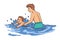Father teaching son to swim in pool, sea or river
