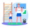 Father time with son vector illustration, cartoon flat dad doing with boy sport activity, fitness exercises isolated on