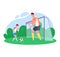 Father time with son vector illustration, cartoon flat dad playing soccer with boy on football green grass pitch