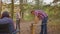 Father together son chopping wood in campsite in summer forest. Dad and son chopping wood with axe in family camping