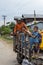 Father and two kids on a carriage