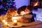 Father and two little toddler boys reading book by chimney, candles and fireplace.