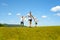 Father with two young children running hand in hand on the green field on a background of blue sky and clouds. Fatherhood and