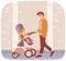 Father walking along city street with baby sitting in stroller. Dad on maternity leave with child