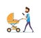 Father walking with child lying in pram and texting message on smartphone. Dad carrying stroller with his newborn baby