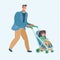 Father walking with newborn child in a pram fun