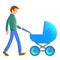 Father walks with a baby blue stroller