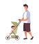 Father walks with the baby in a stroller. Flat cartoon vector illustration about paternity and parenthood, baby care