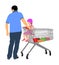 Father wit little daughter in shopping cart. Man doing everyday grocery buying at supermarket.