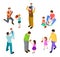 Fathers and kids. Isometric joint activity of dads and children. Vector men and kids playing