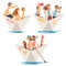 Fathers, Mothers and Kids in Striped T-Shirts Boating on River Set, Family Paper Boats Vector Illustration