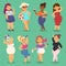 Fatty cartoon woman girl vector character people beauty style dress, swimsuit, housewife, business lady. Fat body girl