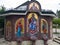 Faucet with icons of saints in yard of monastery Ozren dedicated to Saint Nicholas, serbian orthodox temple in village Kaludjerica