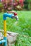 Faucet with red handles in the garden