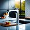 Faucet running water in sink indoors with few home appliance and indoor and outdoor backdrops