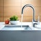 Faucet running water in sink indoors with few home appliance and indoor and outdoor backdrops