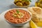 Fava beans dip. Traditional egyptian, middle eastern food foul medames with olive oil. Closeup