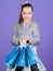 Favorite brands and hottest trends. Girl with shopping bags violet background. Shopping and purchase. Black friday. Sale