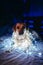 A fawn, white Labrador with a New Year\\\'s garland around his neck sits on a sofa in a dark room with neon lighting