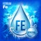 Fe Ferrum Vector. Mineral Blue Drop Icon. Vitamin Liquid Droplet Icon. Substance For Beauty, Cosmetic, Heath Promo Ads