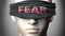 Fear can make things harder to see or makes us blind to the reality - pictured as word Fear on a blindfold to symbolize denial and