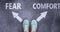 Fear and comfort as different choices in life - pictured as words Fear, comfort on a road to symbolize making decision and picking