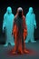 Fear ghost dark terrible ghostly white spooky neon background halloween horror night costume