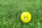 Feared emoji face on a yellow balloon laying on the green grass