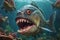 Fearful piranha with teeth and open mouth in water