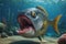 Fearful piranha with teeth and open mouth in water