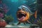 Fearful piranha with teeth and open mouth in water