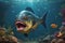 Fearful piranha with teeth and open mouth in water