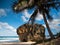 Fearless female rock climber scales a challenging boulder on a white sand coast