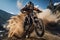 Fearless man tearing down a rugged trail on his extreme sports motorbike, sending dust and gravel flying in his wake. This dynamic