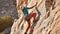 Fearless Woman Rock Climber Conquering the Cliff. Generative AI