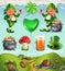 Feast of Saint Patrick. Fairy Tale Village. Leprechaun house vector icon set