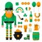 Feast of Saint Patrick. Leprechaun, beer and clover, flat vector icon set.Card for St. Patrick`s Day with leprechaun in hat.