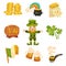 Feast of Saint Patrick Symbols and Attributes with Leprechaun and Trefoil Vector Set
