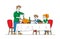 Feast, Thanksgiving Day Celebration Concept, Happy Family Dad and Kids Characters Sit at Table with Food and Drinks