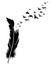 Feather and birds. Black and white vector illustration of stylized feather with silhouettes of flocks of birds. Tattoo.